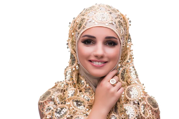 Muslim wanita dalam penutup emas terisolasi di atas putih — Stok Foto