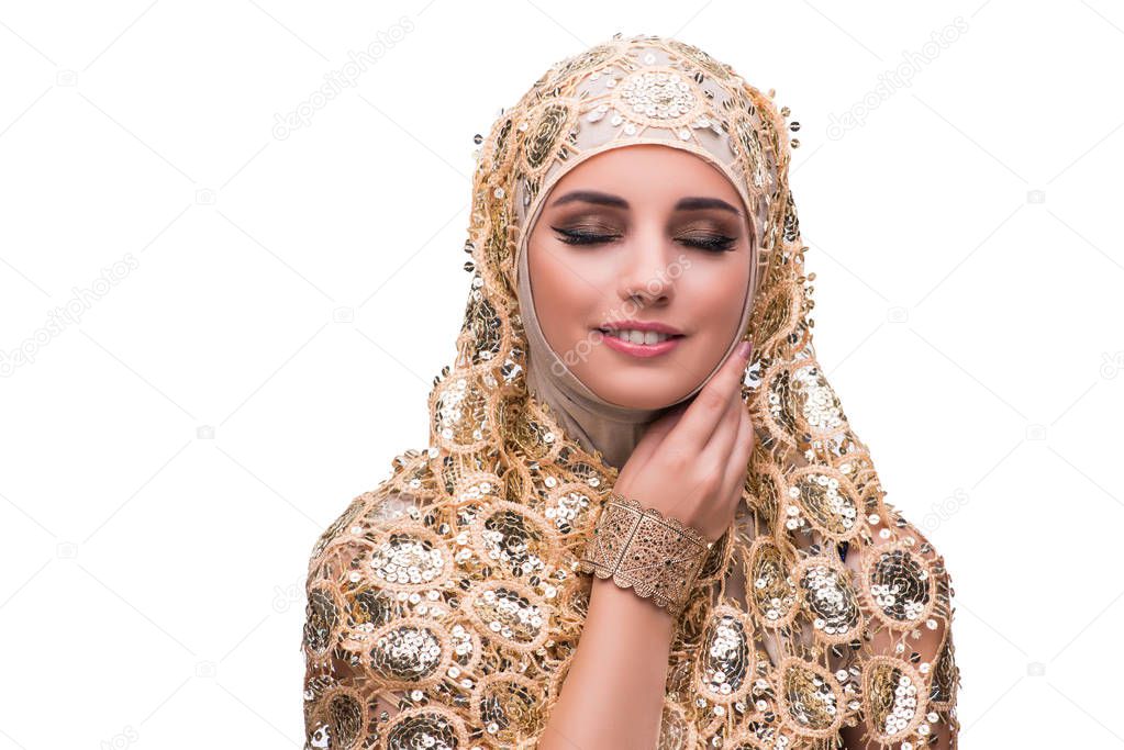 Muslim woman in gold cover isolated on white