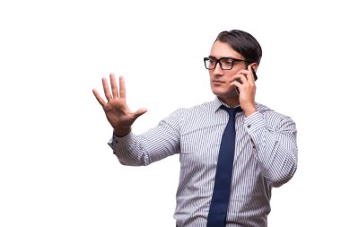 Adam beyaz izole hareket eden smartphone ile