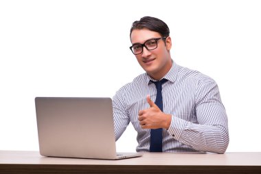 Dizüstü bilgisayarı olan adam beyazda izole edildi