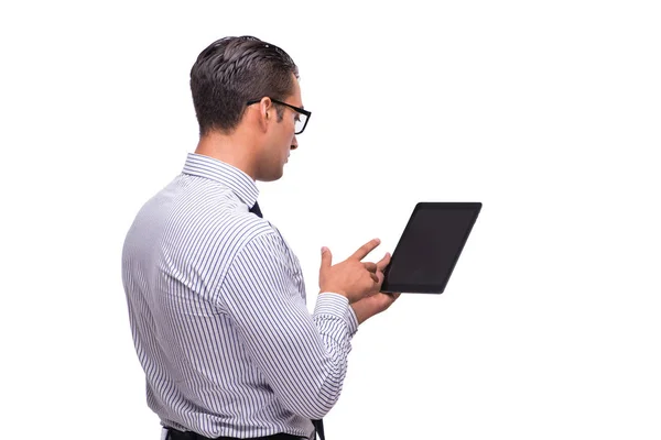 Businessman using his tablet computer isolated on white — Stock Photo, Image