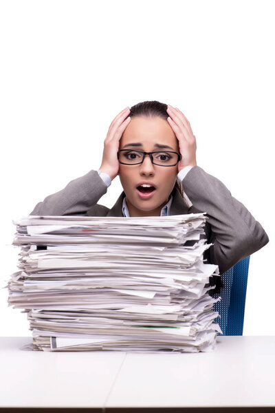 Angry woman with piles of paper on white