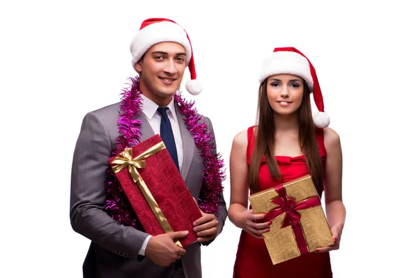 Pair celebrating christmas in the office isolated on white — Stock Photo, Image