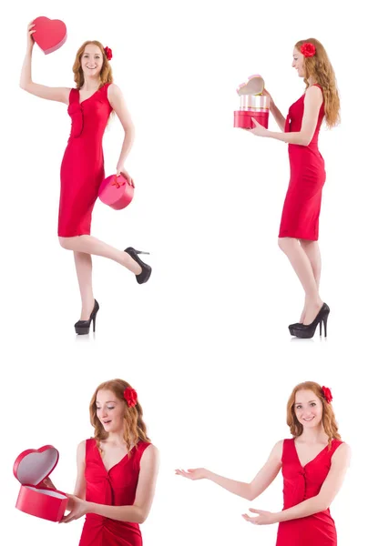 红色女装，手持礼品盒，与白色隔离 — 图库照片