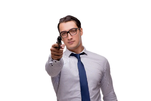 Young businessman with gun isolated on white — Stock Photo, Image