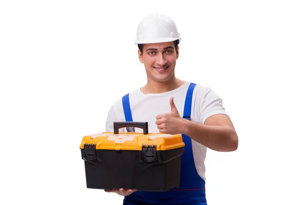 Reparatör med toolbox isolerad på vit — Stockfoto