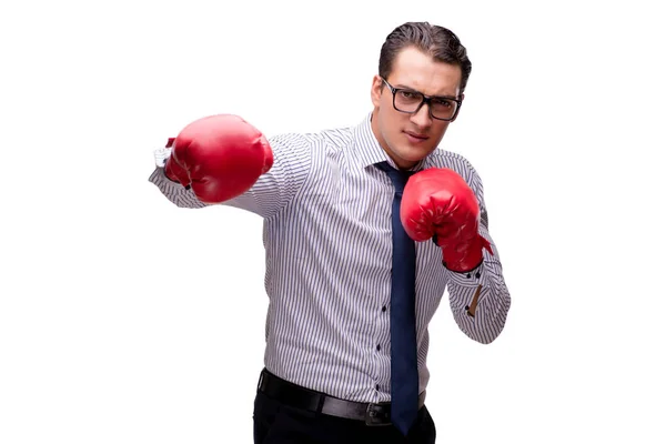 Agresywne biznesmen z rękawice bokserskie na białym tle — Zdjęcie stockowe