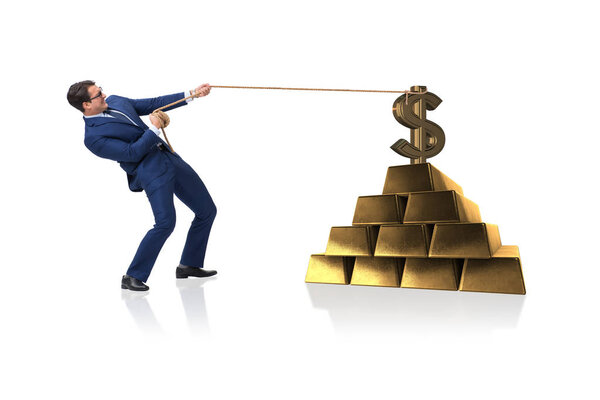 Businessman pulling dollar and gold bullions