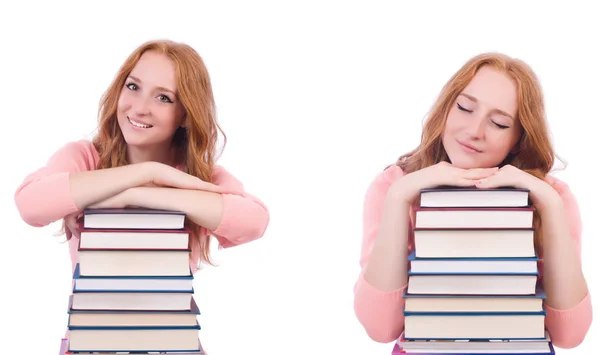Mulher estudante com pilhas de livros — Fotografia de Stock