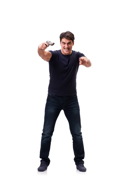 Aggressive young man with gun isolated on white — Stock Photo, Image