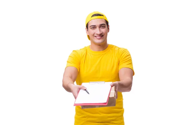 Man delivering christmas present isolated on white — Stock Photo, Image