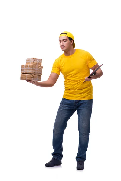 El hombre entrega regalo de Navidad aislado en blanco — Foto de Stock