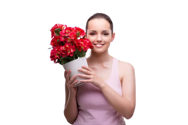 Vrouw met pot rode bloemen geïsoleerd op wit — Stockfoto