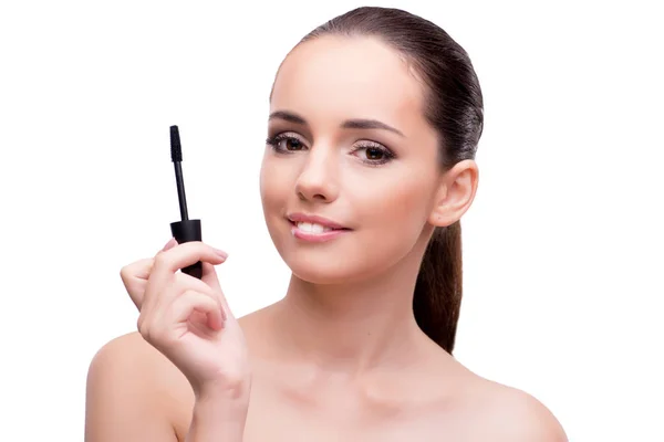 Woman brushing eyelashes isolated on white — Stock Photo, Image