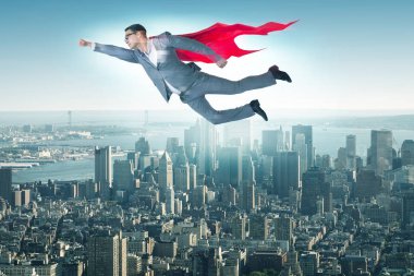 Kırmızı kapaklı süper kahraman konsepti olan iş adamı