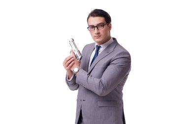 Agresif iş Yöneticisi üzerinde beyaz izole tabanca ile