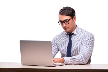 Dizüstü bilgisayarı olan adam beyazda izole edildi