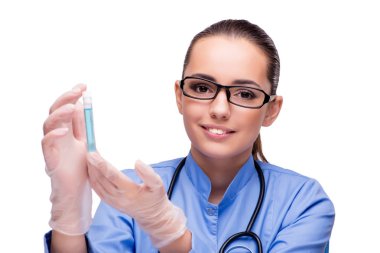 Tüp üzerinde beyaz izole tutan doktor