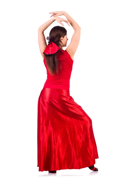 Mulher dançando dança espanhola tradicional isolado no branco — Fotografia de Stock