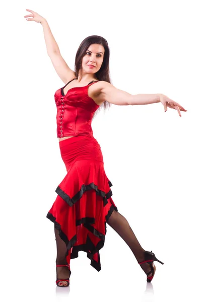 Frau tanzt traditionellen spanischen Tanz isoliert auf weiß — Stockfoto