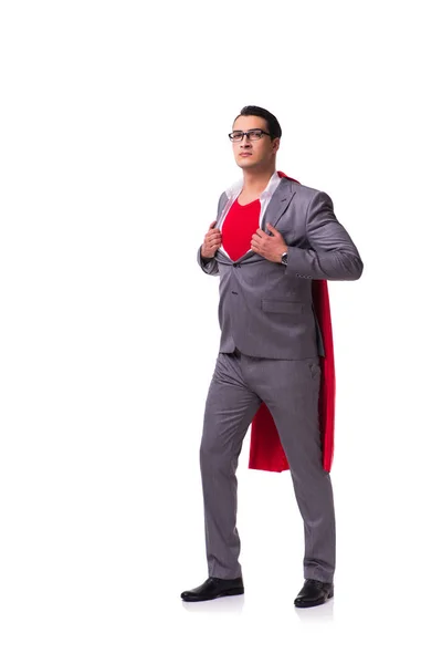 Jovem empresário vestindo capa vermelha no branco — Fotografia de Stock