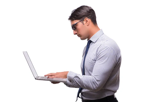 Uomo con laptop isolato su bianco — Foto Stock