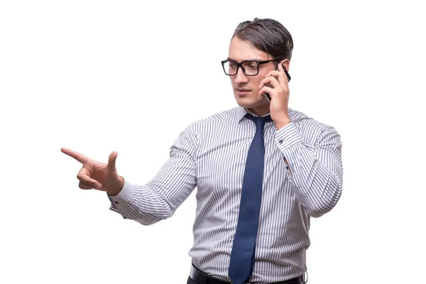 Beau homme d'affaires travaillant avec téléphone portable isolé sur blanc — Photo