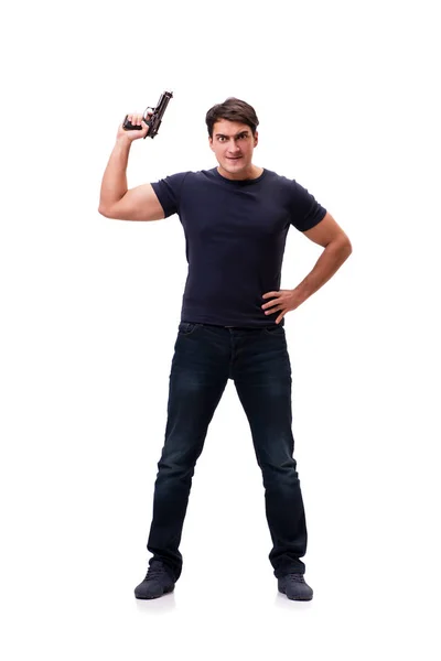 Aggressiver junger Mann mit Waffe isoliert auf Weiß — Stockfoto