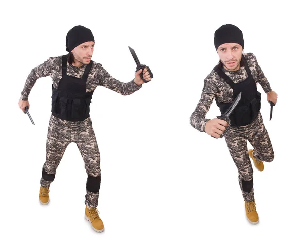 Voják s nožem izolovaným na bílém — Stock fotografie