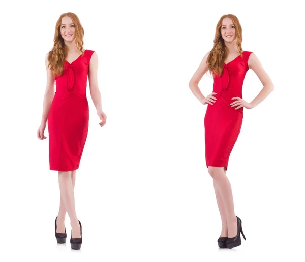 Söt ung flicka i röd klänning isolerad på vitt — Stockfoto