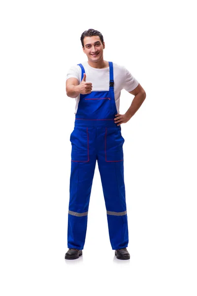 Knappe reparateur dragen van de overall geïsoleerd op wit — Stockfoto