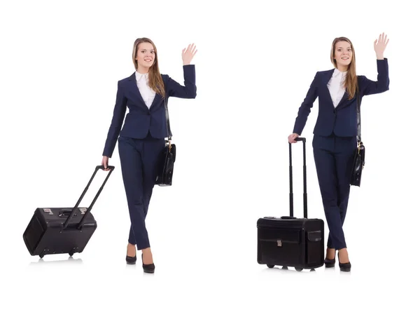 Jovem empresária com mala isolada em branco — Fotografia de Stock