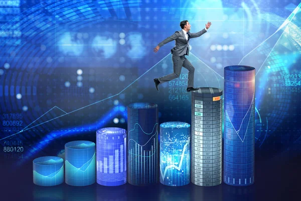 Affärsman som hoppar över stapeldiagram — Stockfoto