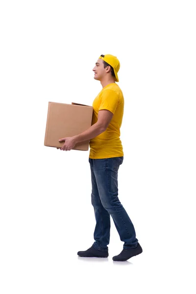 Funny delivery boy with box isolated on white — Stock Photo, Image
