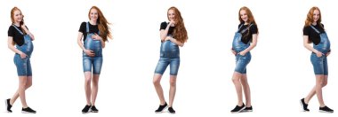 Karmaşık görüntülü hamile kadın beyazda izole edilmiş.