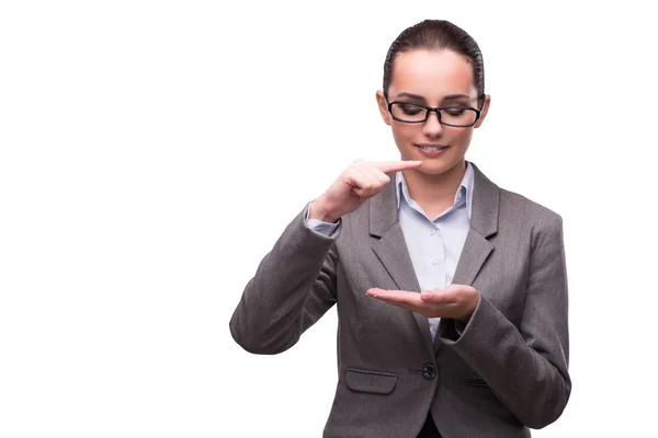 Donna d'affari premendo pulsanti virtuali isolati su bianco — Foto Stock