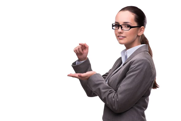 Bsuinesswoman πιέζοντας τα εικονικά κουμπιά που απομονώνονται σε λευκό — Φωτογραφία Αρχείου