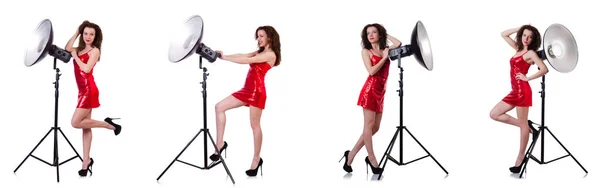 Vrouw draagt rode jurk geïsoleerd op wit — Stockfoto