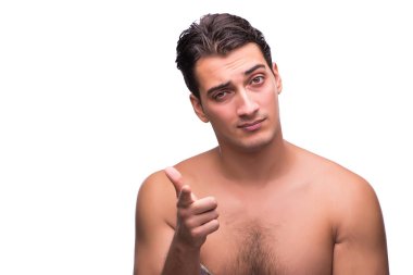 Beyaz izole duş sonra komik adam