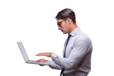 Yakışıklı işadamı wh izole dizüstü bilgisayar ile çalışma