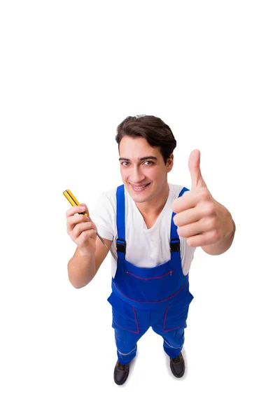 Funny reparador con herramientas aisladas en blanco — Foto de Stock