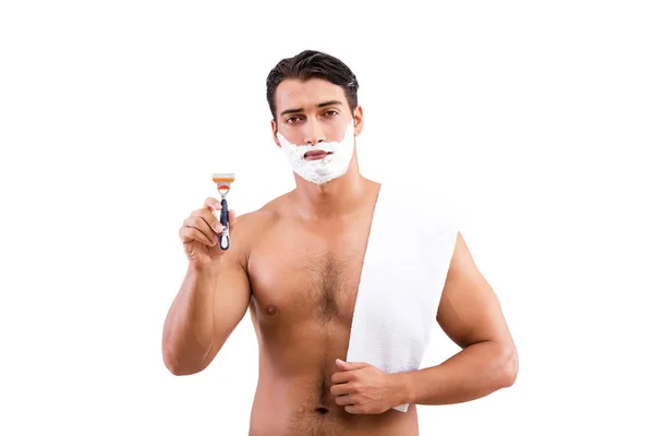 Hombre guapo afeitándose aislado en blanco — Foto de Stock