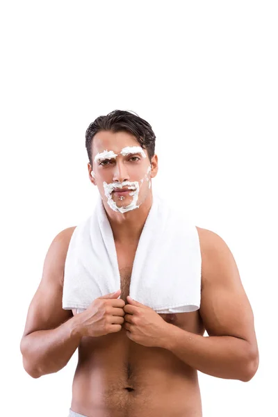 Handsome man shaving isolated on white — Stock Photo, Image