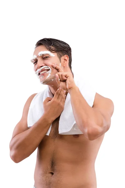 Jóképű férfi borotválkozás elszigetelt fehér — Stock Fotó