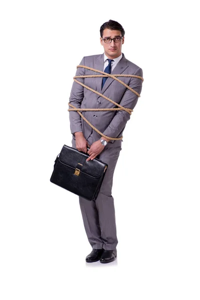 Homme d'affaires attaché avec une corde isolée sur blanc — Photo
