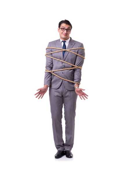 Zakenman vastgebonden met touw geïsoleerd op wit — Stockfoto