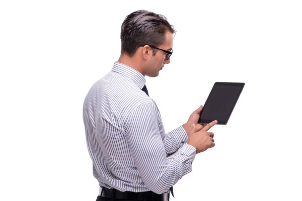 Przystojny biznesmen pracę z komputera typu tablet na białym tle na wh — Zdjęcie stockowe