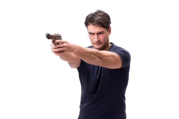 Aggressivo giovane uomo con pistola isolata su bianco — Foto Stock