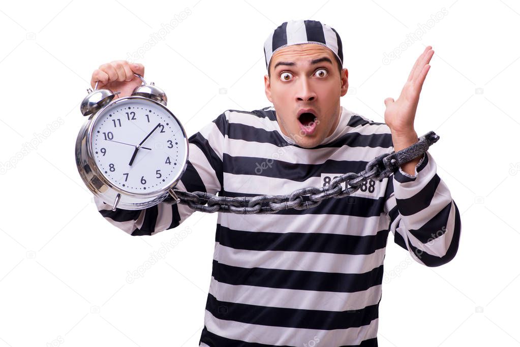 Man prisoner with clock isolated on white
