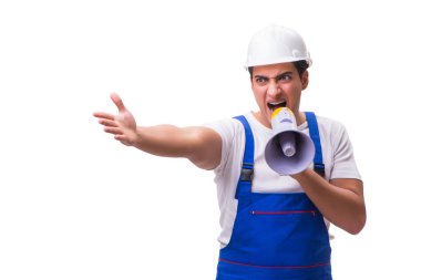 adam beyaz izole megafon ile